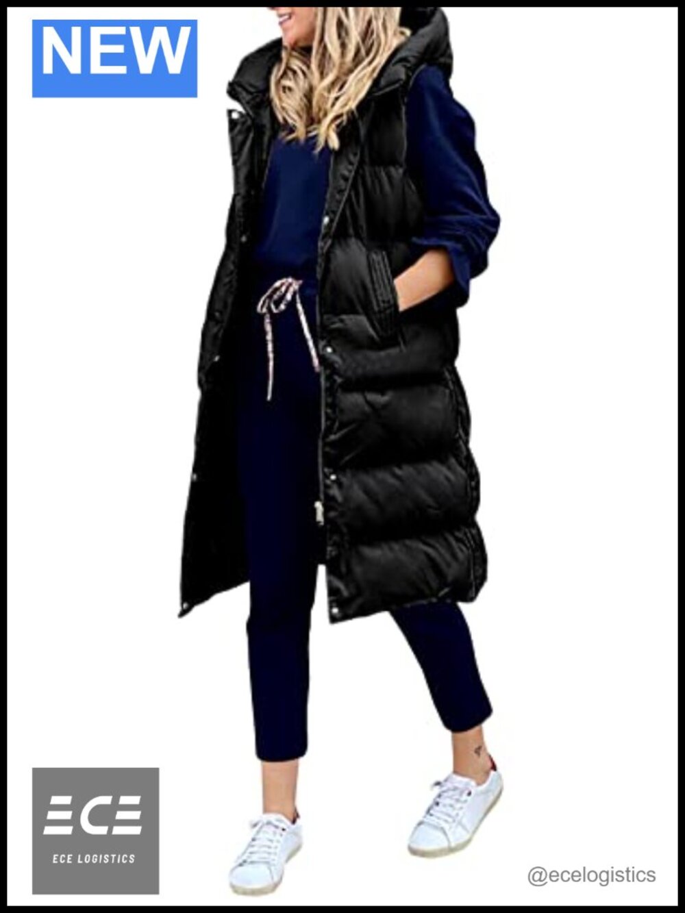 Women's Hooded Long Puffer Vest Full-Zip Sleeveless Down Vest